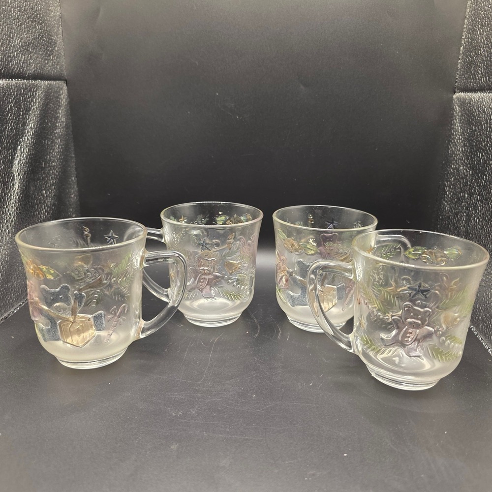 Rare Vintage Aderia Glass Ishizuka Christmas Teddy Bear Tinted Mugs Set of 4